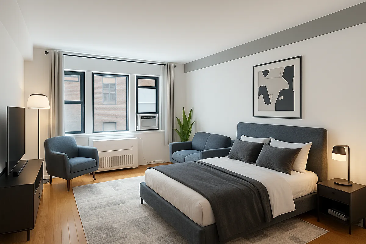 240 East 46th Street, #10H — staged bedroom area, main view